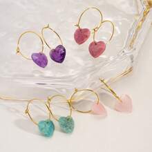 1pair Heart Shaped Earrings Natural Stone Rose Quartz Amethyst Stainless Steel Earring Fashion Jewelry Gift For Women - Heart-shaped Hoop Earrings - View 2