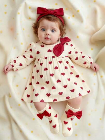 Presentset för nyfödda flickor - Klänning med rosett, hjärta och randigt tryck, med strumpor och pannband