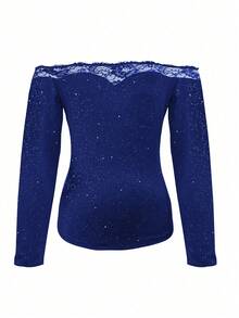 Elegantes romantisches Damen Oberteil mit einem Schulterausschnitt, Langarm, Spitzeneinsätzen und Glitzer für festliche Anlässe