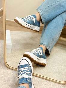 Low-Top Canvas Sneakers With Thick Soles, Women's Platform Sneakers, Made Of Washable Denim, Ideal For Casual And Contemporary Looks. Estimated Delivery: 2-5 Business Days (Peninsula). - 淺藍色 - 查看 5