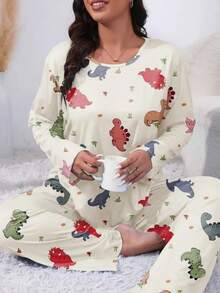 Conjunto de pijama de mujer talla grande con estampado de dinosaurio cómodo - Tela de punto suave, mezcla de poliéster y spandex, top de manga larga y pantalones, 2 piezas de ropa de dormir, adecuado para primavera, otoño e invierno, ropa de otoño, conjunto acogedor - Multicolor - Ver 4