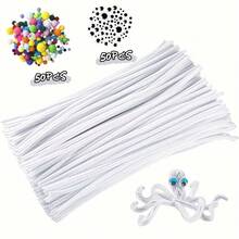 200件套完整手工入门套装：100根单色毛根、50个彩色绒球和50个不同尺寸的活动眼睛 | 适合初学者的DIY材料，可用于创意项目和节日礼物