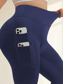 大码女式高腰瑜伽裤，收腹塑形，运动紧身裤，带4个侧袋，适合跑步、健身、休闲和运动穿着 - 藏蓝色 - 查看 6