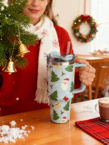 1 pezzo Elemento di Babbo Natale e albero di Natale, Tazza termica da 40oz-14oz con manico, in acciaio inossidabile isolato, adatto per viaggi, scuola, ufficio, all'aperto, palestra, casa, regalo di Natale, regalo per donne e adolescenti, regalo per le feste, regalo di compleanno (con cannuccia) - Multicolore - Visualizzare 5