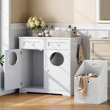 HOOBRO Dual Compartment Laundry Hamper Cabinet, Concealed Laundry Storage Cabinet With 2 Drawers & 2 Baskets, 20 Gallon Farmhouse-Style Bathroom Laundry Hamper Featuring 2 Clothes-Drop Openings, White - trắng - Xem 2