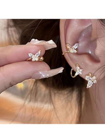 Gold Crystal Butterfly Clip Earrings - Sparkling Cubic Zirconia, No Piercing Required, Women's Everyday Wear Fashion Accessory, Butterfly Earrings