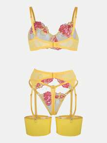 Embroidery Mesh Underwire Bra & Thong & Garter Lingerie Set - Yellow - View 2