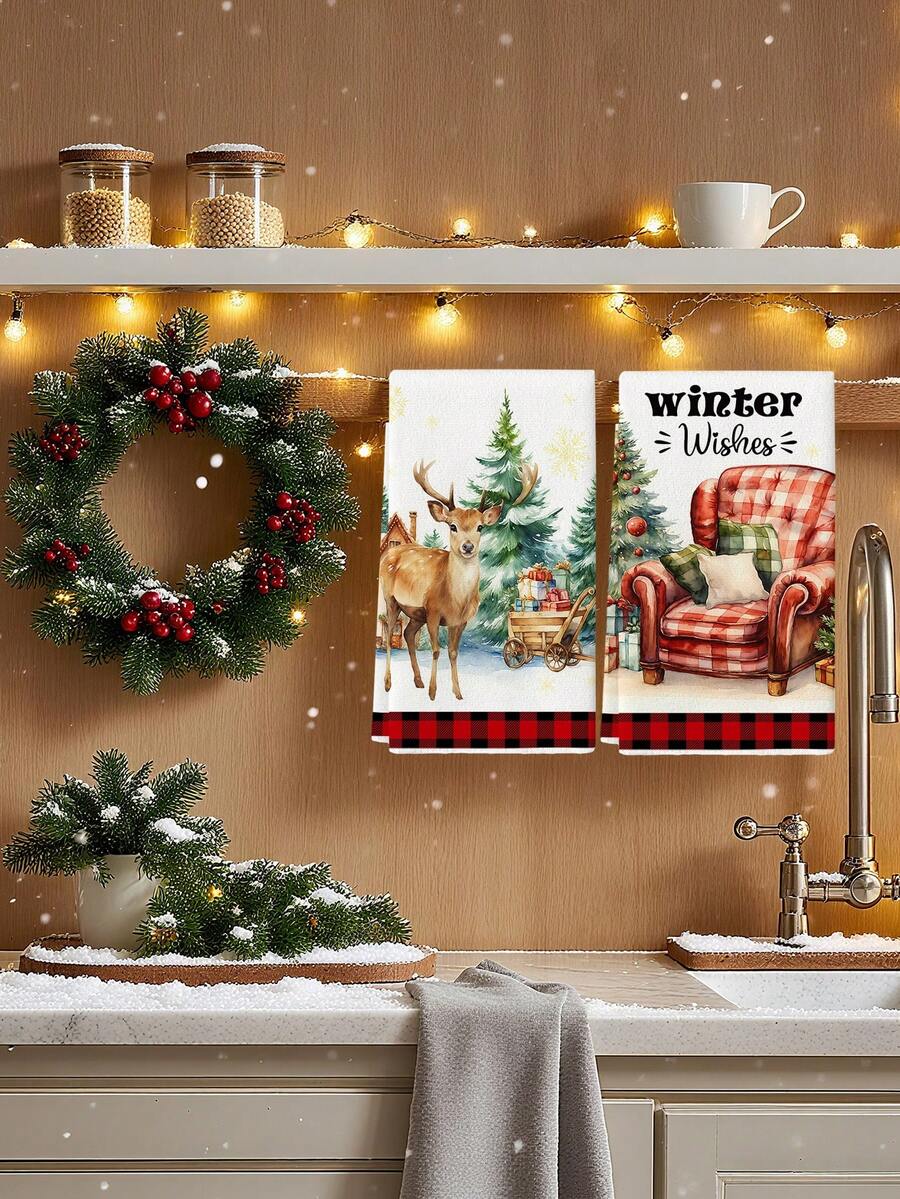 2 Piezas Toallas de cocina decorativas con diseños de Flor de Pascua, piña, reno y árbol de Navidad, toallas de mano coloridas para la cocina, el hogar, el comedor y el baño en estilo granja