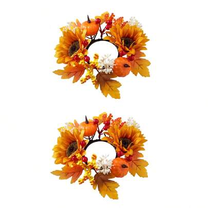 2PCS Thanksgiving Day Candle Rings With Autumn Artificial Maple Leaves Halloween Candlestick Holders Artificial Wreath Ring Candle Holder