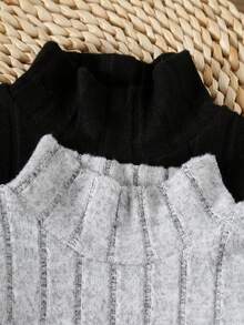 4pcs Baby Boy Autumn/Winter High Collar Rib Knit Set, Gray & Black Bodysuit + Pants, Warm & Soft Skin-Friendly - Infant Bodysuit For Indoor & Outdoor Wear - Multicolor - View 3