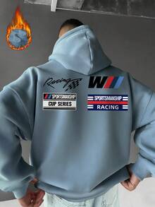 Men's Hoodie With Racing Culture Graphic Print, Fleece Lined Kangaroo Pocket, Autumn/Winter - Baby Blue - View 2