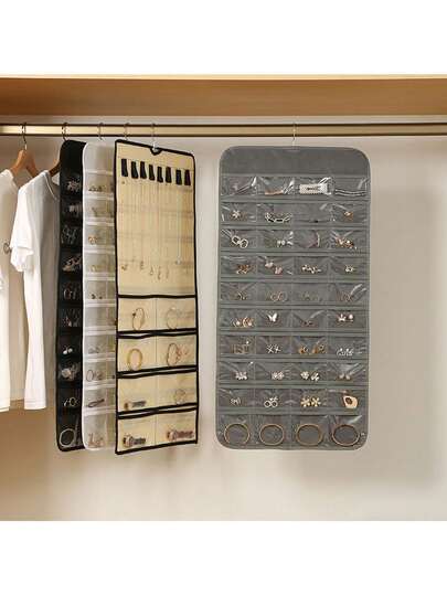 Hanging Jewelry Organizer Storage Roll With Hanger Metal Hooks Double-Sided Jewelry Holder For Earrings, Necklaces, Rings On Closet, Wall, Door