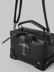 DareSee 1 chiếc túi tote kiểu punk rock mô tô màu đen trang trí hình chữ thập, túi đeo vai và đeo chéo thời trang với chi tiết đinh tán dành cho nữ, hoàn hảo cho sử dụng hàng ngày và làm quà tặng hẹn hò, quà tặng lễ hội âm nhạc Goth. - màu đen - Xem 3