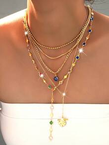 2pcs/1set Fashionable Vintage Elegant Devil's Eye Y-Shaped Long Necklace Set For Women, Inlaid Colorful Faux Gemstone, Suitable For Daily, Party, Vacation, Date, Holiday Gift