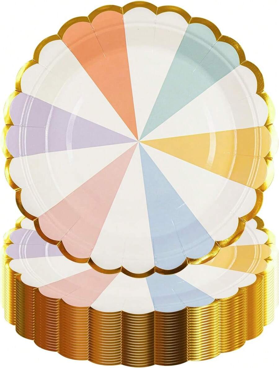 50PCS Rainbow Birthday Party Paper Plates, Scalloped Dessert Plates Dinnerware Multicolor Party Supplies Dration,25837423 - 香檳色 - 查看 1