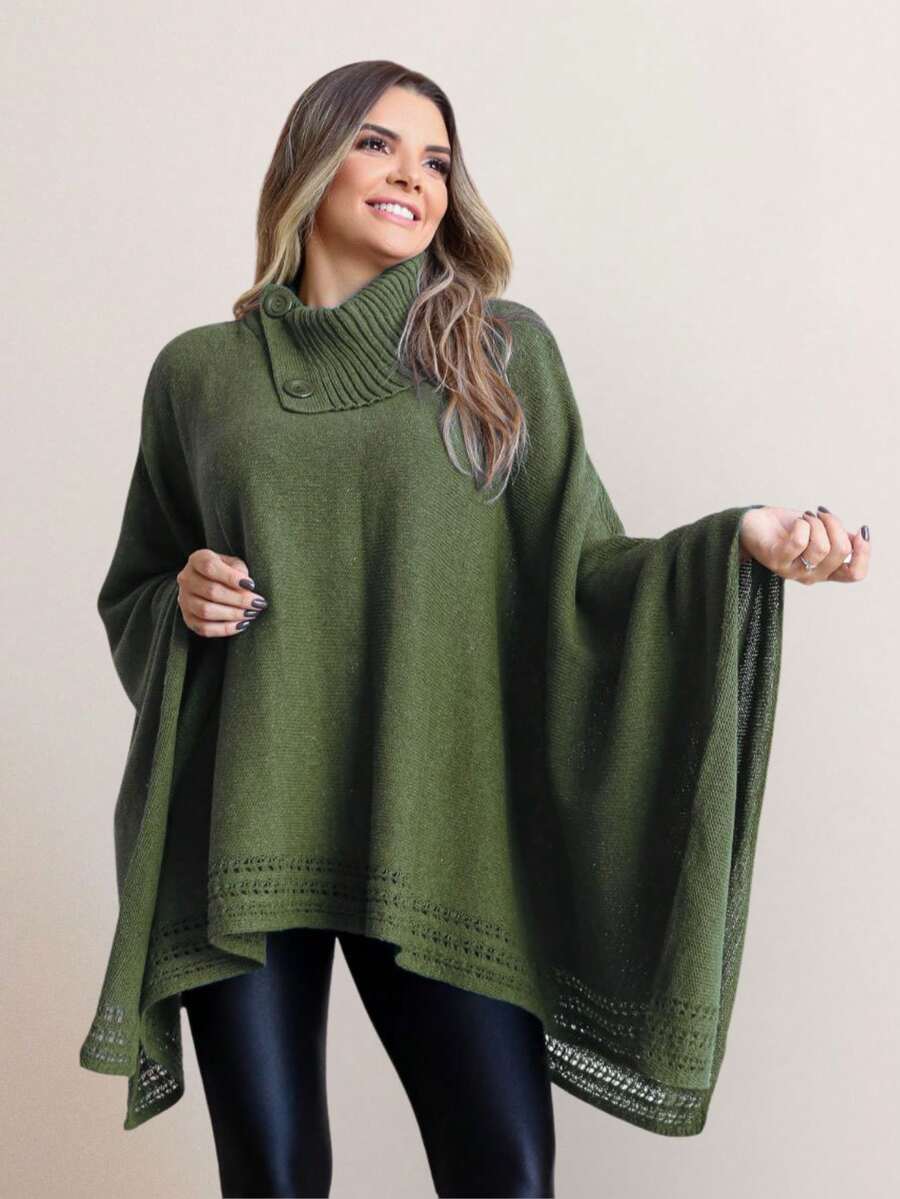 GIP Women's Poncho Knit Mousse Plain High Neck With Button Winter Wool Coat - 軍綠色 - 查看 1
