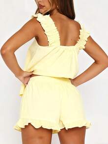 Women Summer Pajama Set Solid Flying Sleeve Tank Tops And Ruffle Shorts 2 Piece Casual Lounge Outfit - Màu vàng - Xem 4