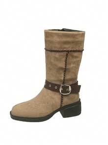 Western Style Buckle Holiday Mid-Calf Boots For Women, Color Block, Leather Strap Decor, Woven Mid-Heel, Metal Grommet, Side Zipper, Warm For Autumn/Winter