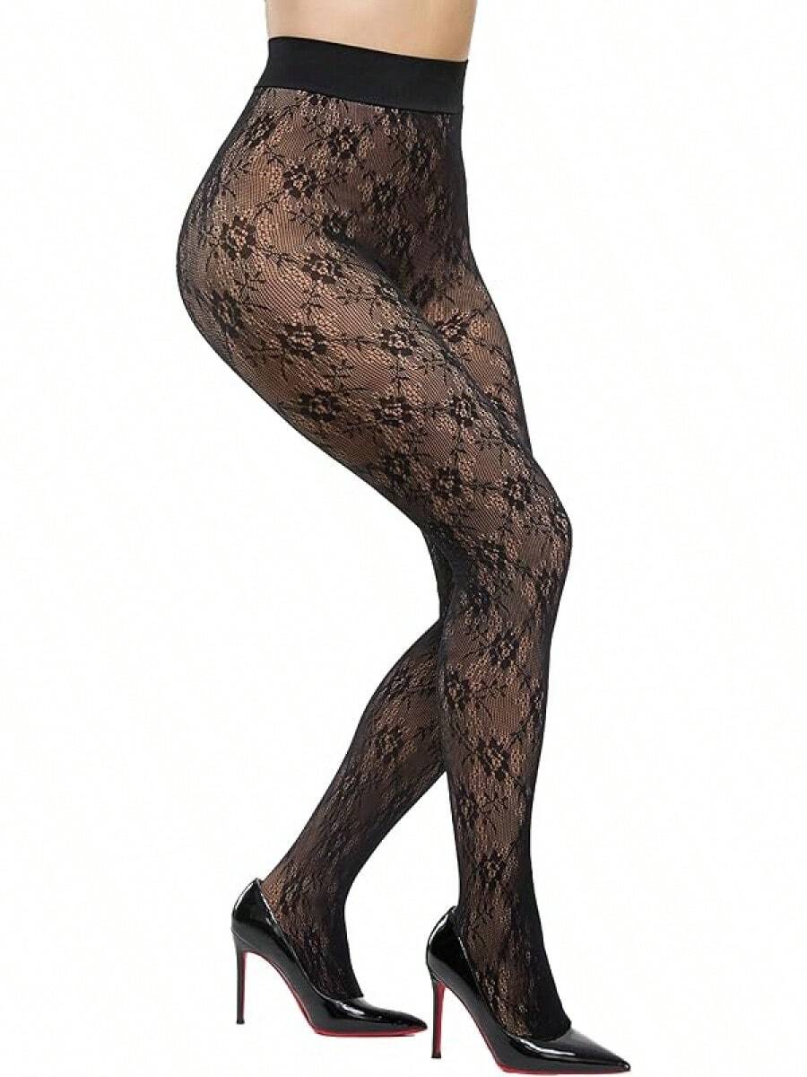 Fleece Lined Sheer Warm Pantyhose Leggings Translucent Thermal Winter Thick Tights Dresses, Women's Style 5FUO - 花的 - 查看 1
