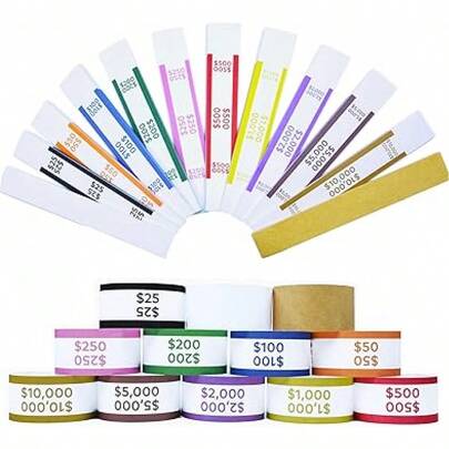 600pcs Money Bands For Cash - Self-Adhesive Money Wrappers For Bills, Currency Straps In 12 ABA Standard Colors, Ideal For Banks, Restaurants And Businesses (50 Per Band)