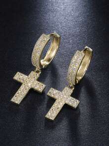 嘻哈風格感恩節禮物菱形十字形耳環,奢華鑲嵌全鑽石耳釘,適合男女日常佩戴 - 金色 - 查看 11