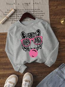 Áo sweatshirt cổ tròn in hình hổ dành cho nữ, kiểu dáng rộng rãi, thoải mái, phù hợp cho kỳ nghỉ, mặc hàng ngày, thời trang thu đông xuân. - Xám đậm - Xem 3