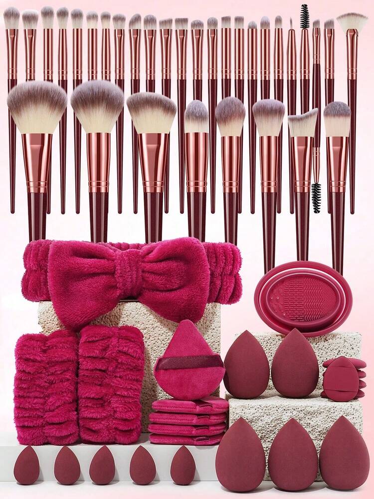 (Wine Red)32PCS Makeup Brush Sets Premium Synthetic Hair Eyeshadow Blending Brush Sets Cosmetics Tools+24PCS Makeup Tools Set