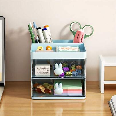 1pc Multi-Layer Drawer Storage Box With Adorable Cute Rabbit Design, A Compact, Functional Desktop Organizer Ideal For Storing Photos, Notes, Stamps, Cards, Cosmetics, Brushes And Small Office Supplies; Durable, Easy-Access Drawers, Stackable Structure, Slim Profile Fits Narrow Desks; Versatile For Office, Home, School, Dorm, Vanity, Craft Area; Makes A Charming Birthday Or Graduation Gift And Helps Quick, Tidy Access To Daily Essentials, Elevating Space Chic And Organization