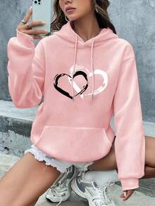 Plus Size Women's Daily Brush - Stroke Graffiti - Style Double Heart Pattern Hooded Long Sleeves Casual Spring/Summer/Fall Women's Plus-Size Long-Sleeved Sweatshirt Christmas Going Out Tops Women, Vacation Outfits Women - Pink - View 1
