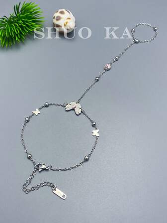 1 pieza Anillo-pulsera de acero inoxidable con decoración de mariposa y cristales para mujer