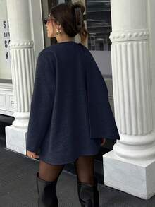 معطف صوفي للنساء للخريف/الشتاء مع وشاح/شال بطبعات زهور من الشيفون وجيب مخفي بأزرار - أزرق بحري - مشاهدة 7