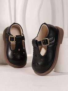 1pair Toddler Kids Korean Style Hook And Loop Non-Slip Soft Bottom Imitation Leather Shoes - Black - View 5