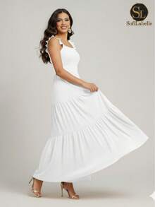Women's Plus Size Long Dress, Three Marias Style, Elegant Evangelical Fashion, Party Dress, Sleeveless, Strapless, Ruffled, Dune - 白色 - 查看 4