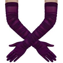 Hazhlko Women's Super Long Stretchy Ruched Mesh Tulle Sheer Gloves Costume Opera Party 1920's Dance Gloves{"Color_name":"Plum"} - Plum - 查看 2