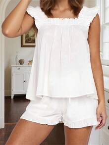 Women Summer Pajama Set Solid Flying Sleeve Tank Tops And Ruffle Shorts 2 Piece Casual Lounge Outfit - 米色 - 查看 4
