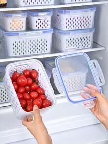 1个透明食品储物盒，带沥水篮，双层盖厨房浸泡盒，果蔬收纳盒，适用于冰箱存放和户外携带，厨房用品，厨房配件，厨房工具 - 透明 - 查看 8