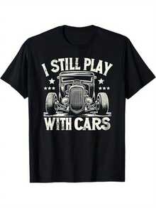 Camiseta Vintage de Mecánico Hot Rod para Hombre - Gráfico "Todavía Juego con Autos", 100% Algodón, Negra, Cuello Redondo Casual, Regalo Perfecto para Papá, Esposo, Abuelo, Camiseta Hot Rod - Negro - Ver 1