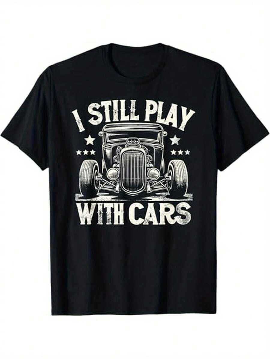 Camiseta Vintage de Mecánico Hot Rod para Hombre - Gráfico "Todavía Juego con Autos", 100% Algodón, Negra, Cuello Redondo Casual, Regalo Perfecto para Papá, Esposo, Abuelo, Camiseta Hot Rod - Negro - Ver 1
