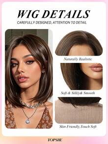 [Velvet Locks]New 13*4 Glueless Front Lace Wig 12 Inch Black Brown Short Straight Hair Wig Fashion Women No Bangs Pre-Trimmed Heat Resistant Synthetic Hair Soft And Smooth Suitable For Beginners Daily Wear, Y2K Style, Party, Cosplay, Dance, Travel, Festival - 咖啡棕 - 查看 7