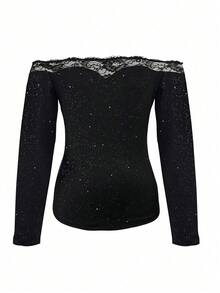 Áo dài tay hở vai thanh lịch lãng mạn với ren chắp vá và kim tuyến dành cho phụ nữ dự tiệc thời trang - màu đen - Xem 3