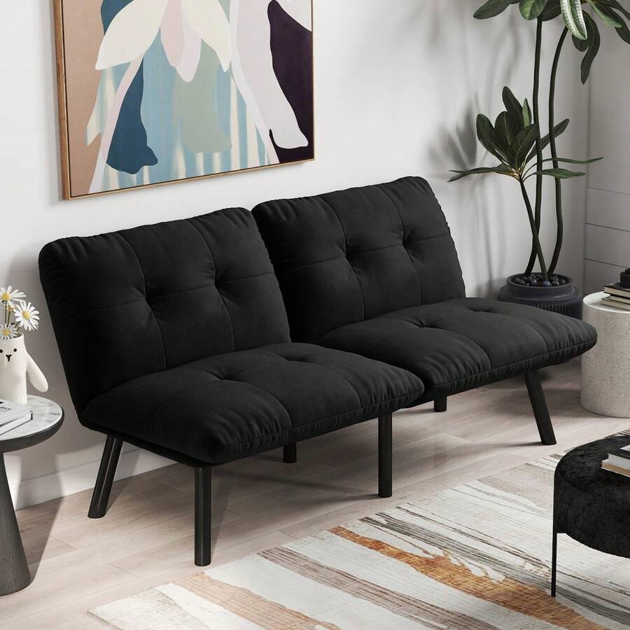 Modern Brown Folding Sofa Bed - 2-Seater Futon Sofa, Space-Saving Sleeper Function For Living Room And Guest Room - Black + Foam + Iron + Metal + Velvet + Foam - View 1