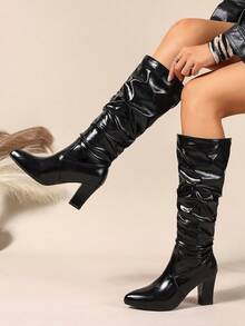 Women's Winter Over-The-Knee Boots, Black Boots, Brown Boots, Elegant Ladies Boots, Chunky Heel Boots, Fashionable Pleated Tall Boots, Pull-On High Shaft Boots - Black - View 1