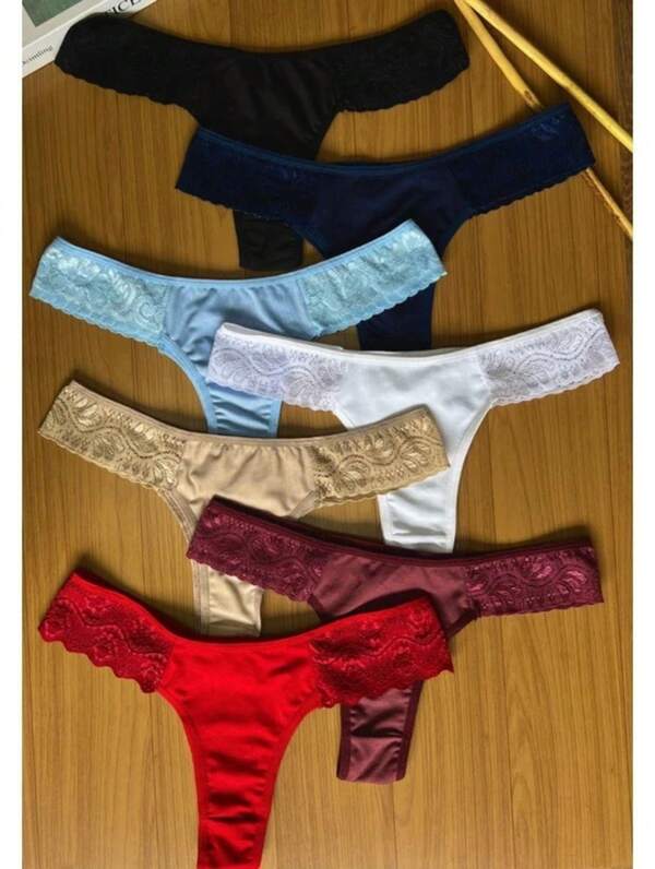 Kit 5 Calcinha Fio Dental de Renda Cores Sortidas Confortável e Sensual para o Dia a Dia Lingerie Moda Intima