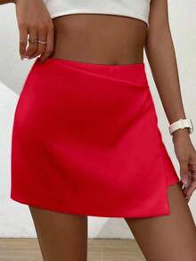 KLIOU FAHION Shorts femininas saia Alfaiataria elegante com ziper cintura alta liso barra assimétrica por dia a dia / passeio / férias - Vermelho - Visão 3