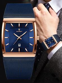 POEDAGAR 1pc Men's Casual Stainless Steel Date Display Wrist Watch, Mesh Strap, Rectangular Dial, Waterproof Luminous, Quartz Business Watch For Daily Wear, Perfect Gift - Blue - View 2