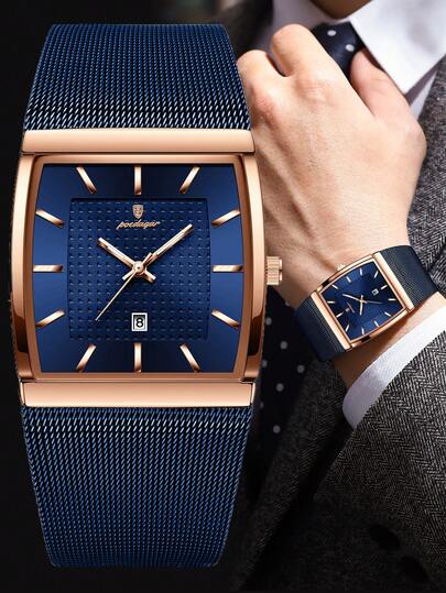 1 pezzo Orologio da uomo in acciaio inossidabile con cinturino in maglia, orologio al quarzo con data, casual, impermeabile, con quadrante luminoso rettangolare, orologio di lusso per uomo adatto per occasioni quotidiane, regalo per uomini