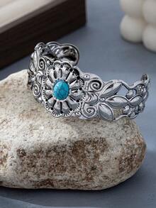 1 Stück modischer, bohemian-vintage, übertrieben antik texturierter asymmetrischer Armband-Anhänger mit eingebettetem blauem Stein, geeignet für Damen für den täglichen Gebrauch, Urlaub und Partys