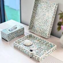 1 pieza/2 piezas Bandeja rectangular con incrustaciones de conchas con forma de hoja azul, plato decorativo de conchas de colores hecho a mano para frutas, joyería, almacenamiento de escritorio en el hogar, decoración de fiestas de Navidad y Halloween, regalo - Celeste - Ver 7