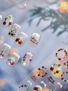 1PC Jelly Colorful Christmas Wreath Press-On Nail Stickers Festive Tree Bow 5D Nail Art With Multi-Dimensional Holiday Playful Seasonal Self-Adhesive Nails For Women's Merry DIY Manicure Decals