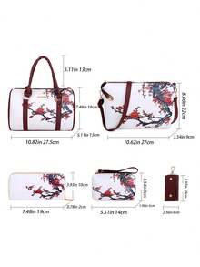 Complete Handbag Set For Women Floral Print Tote Bags PU Leather Top Handle Satchel For Mom - 黑色 - 查看 5